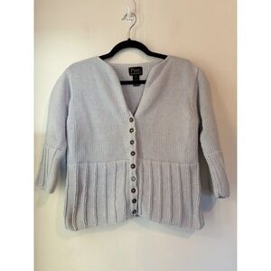 Pure Handknit Button Front Cardigan Blue Size M/L Chunky Knit 3/4 Sleeve Vneck